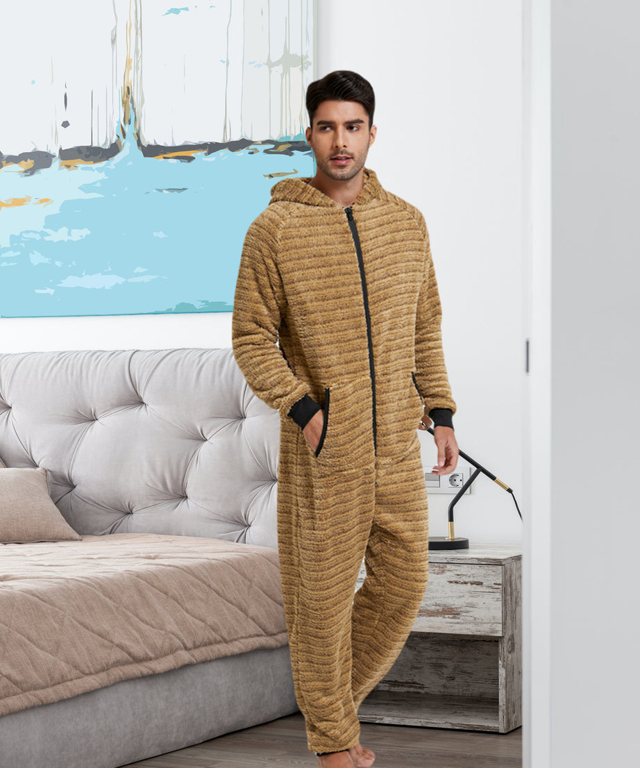 Men'S Heavy-Duty Full-Zip Hooded Onesie - Long Sleeve Winter Sleepwear, Thermal Insulated Lounge suit with Drawstring Hood, Loose Fit Onesie for Cold Weather, Christmas Costume & Everyday Indoor/Outdoor Use - Easy Zipper Clos