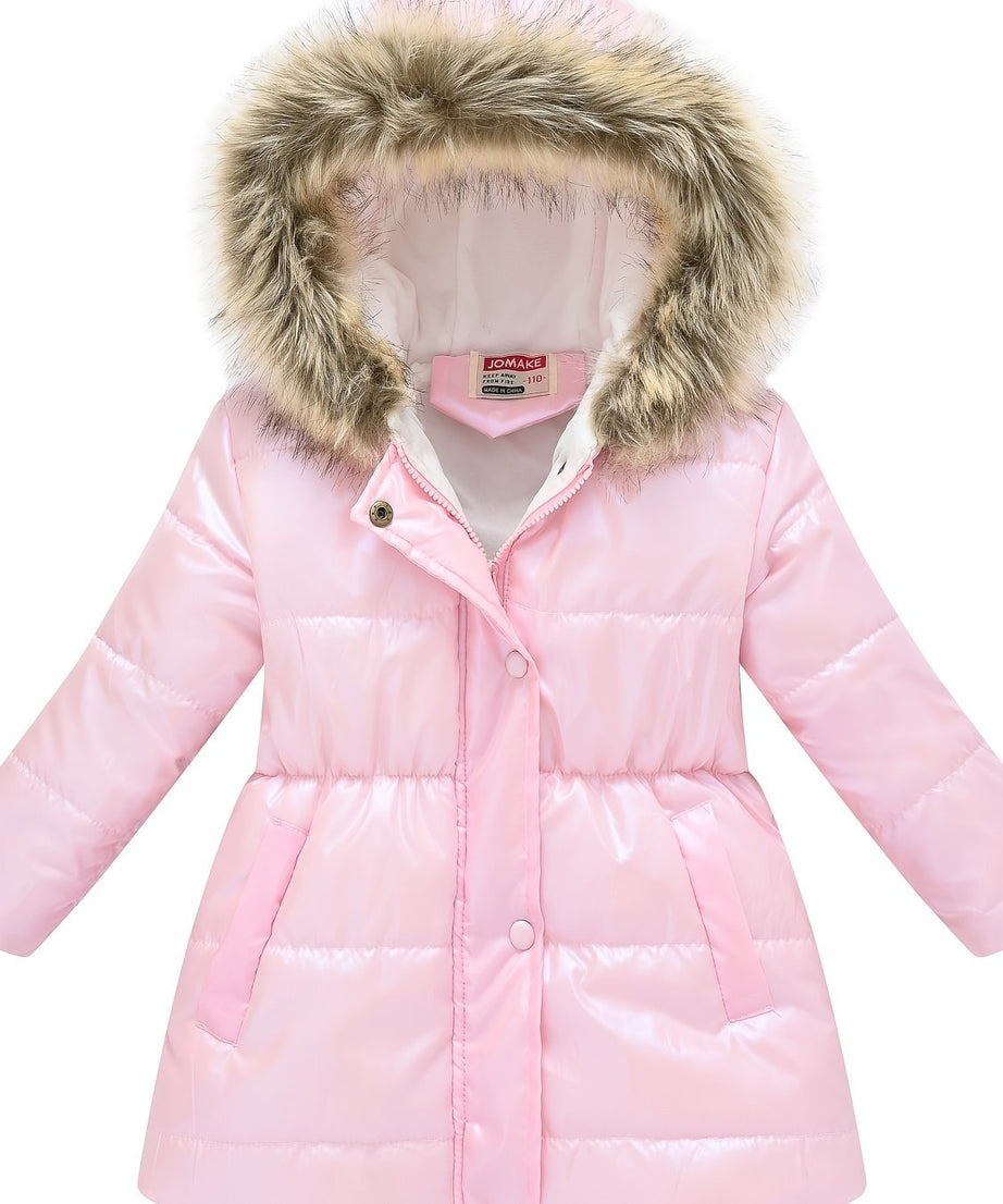 Children's Winter New Style Thickened Glossy Hooded Jacket for Boys and Girls, Mid-Length