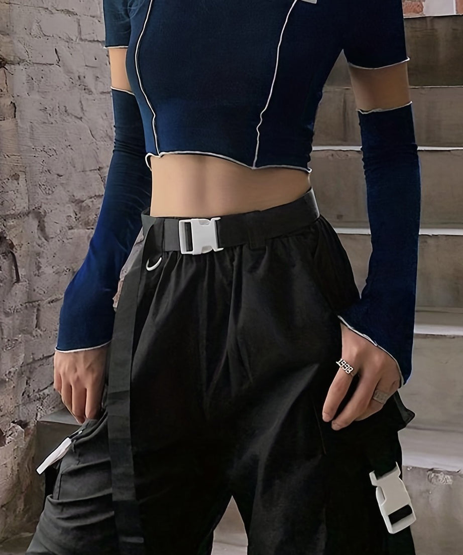 Off Shoulder Hollow Crew Neck T-shirt, Casual Loose Long Sleeve Fashion Summer Slim Bottoming T-Shirts Tops, Women's Clothing