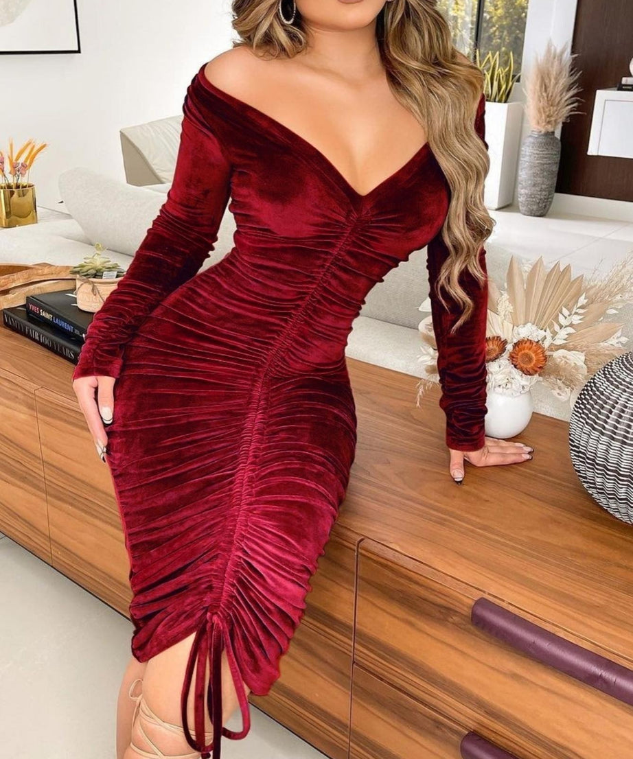 Women's Dresses V Neck Off The Shoulder Velvet Ruched Mid-length Dresses