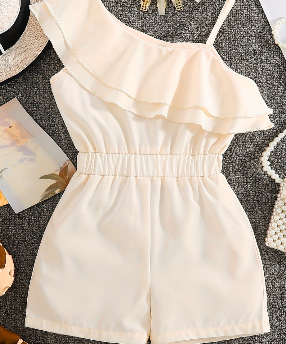 ' White Sleeveless A-Line Romper Jumpsuit - Summer Short Dress with Ruffle Trim &, Casual Playwear & Party Outfit, Easy-Care Hand Washable Short Sleeve Dress &, Perfect for Outdoor