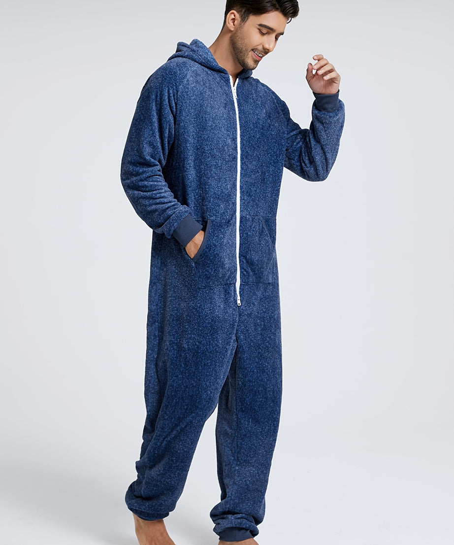 Men'S Heavy-Duty Full-Zip Hooded Onesie - Long Sleeve Winter Sleepwear, Thermal Insulated Lounge suit with Drawstring Hood, Loose Fit Onesie for Cold Weather, Christmas Costume & Everyday Indoor/Outdoor Use - Easy Zipper Clos