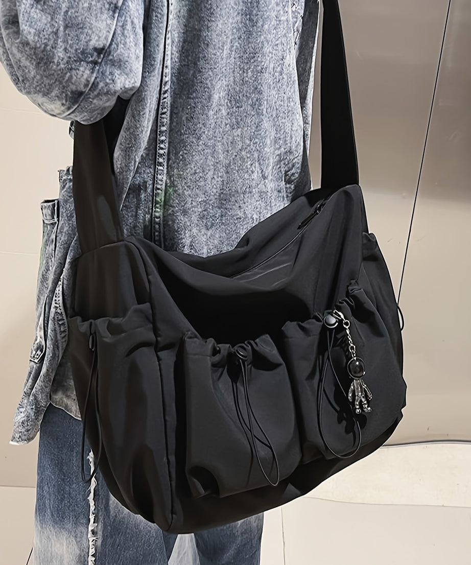 Drawstring Detail Crossbody Bag, Large Capacity Shoulder Bag, Fashion Zipper Bag With Bag Charm