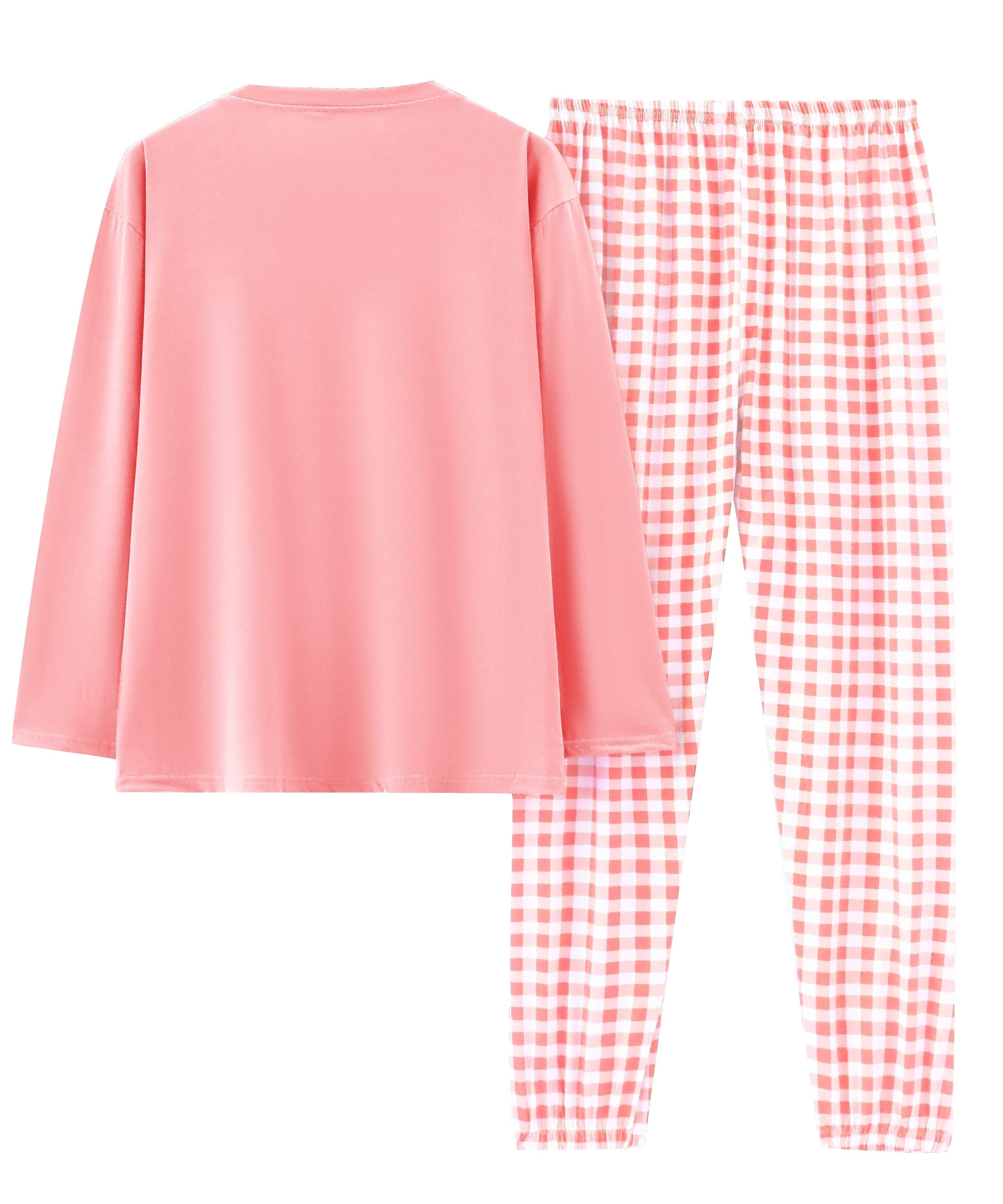 Women'S Plus Size Pink Plaid Pajama Set - Casual Long Sleeve and Pants Loungewear with Pockets, Stretchy Polyester Fabric, Perfect for Spring & Fall, Plus Size Loungewear | Checkered Pattern | Polyester Fabric, Loungewear Paj