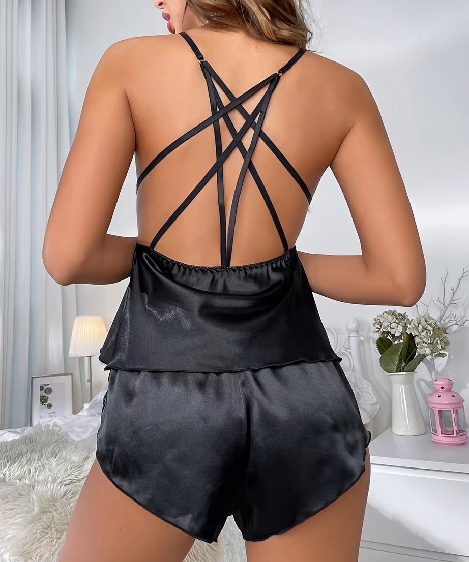 Y383 European Style Sexy Lace Color Patchwork Beautiful Back Pajama Set