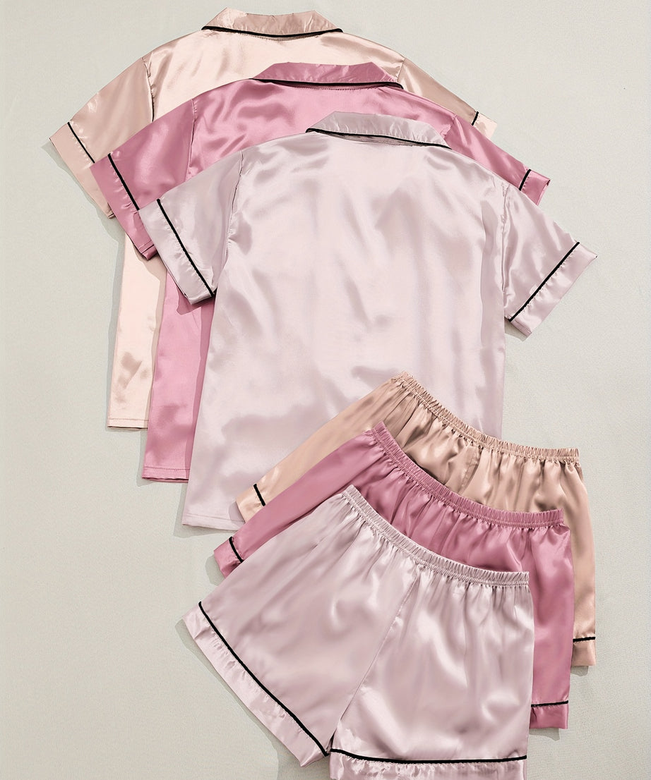 3 Sets Satin Pajama Set, Short Sleeve Lapel Top & Elastic Waistband Shorts, Women's Sleepwear & Loungewear