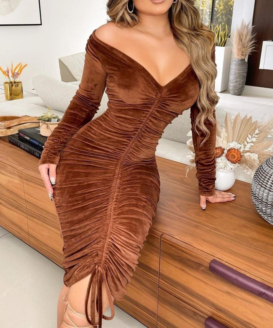 Women's Dresses V Neck Off The Shoulder Velvet Ruched Mid-length Dresses