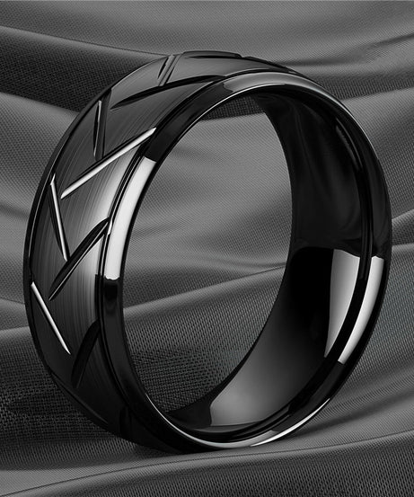 1pc 8MM Luxury High Quality Black Titanium Steel Ring Fashion Simple Men's Black Stainless Steel Wire Groove Tire Ring Artificial Jewelry Lover Gift