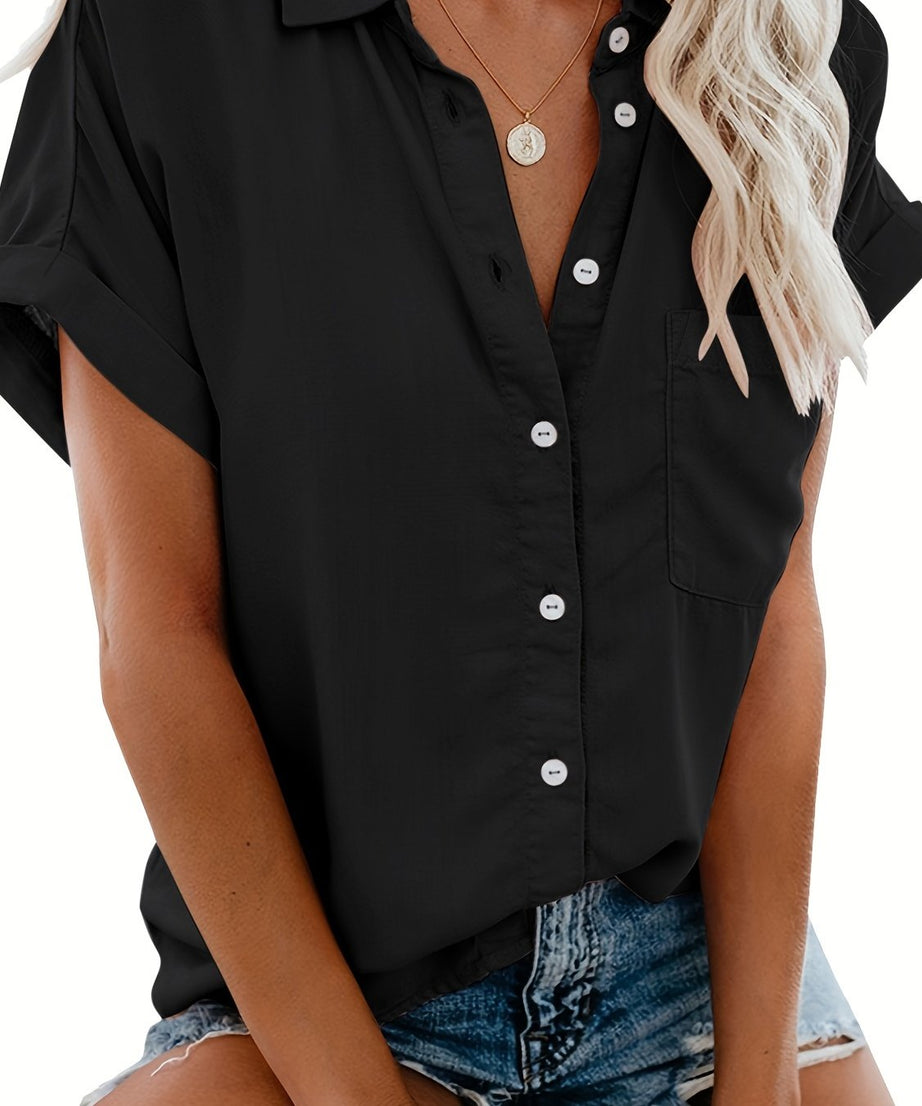 [Casual Shirt] Casual Summer Women's Short Sleeve V-Neck Button-Up Shirt with Pockets - Light Gray | Vacation Clothing, Glossy Texture