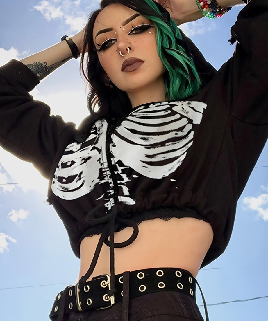 Women's Gothic Skull Print Casual Drawstring Short Hoodie Long Sleeve Top