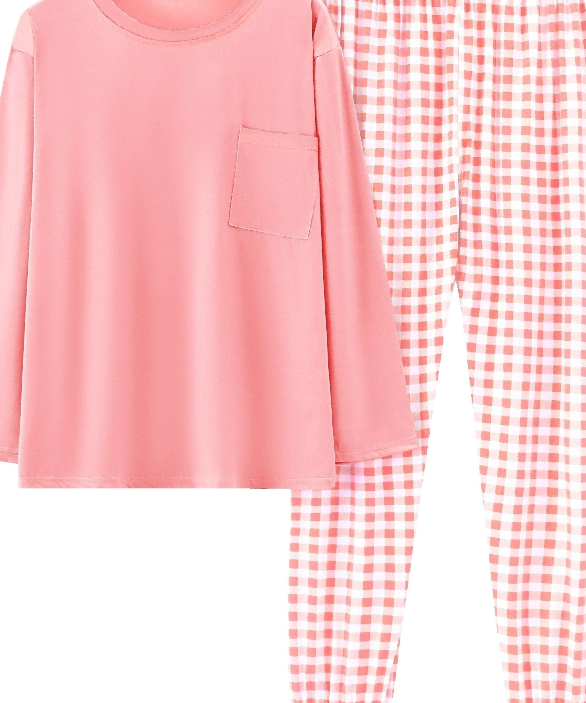 Women'S Plus Size Pink Plaid Pajama Set - Casual Long Sleeve and Pants Loungewear with Pockets, Stretchy Polyester Fabric, Perfect for Spring & Fall, Plus Size Loungewear | Checkered Pattern | Polyester Fabric, Loungewear Paj