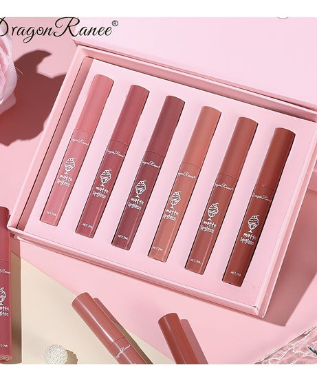 6 Pcs Long Lasting Waterproof Lip Glaze Lipstick 6 Sets Non Stick Cup Nude Skin Color Lip Gloss Cute Set Box