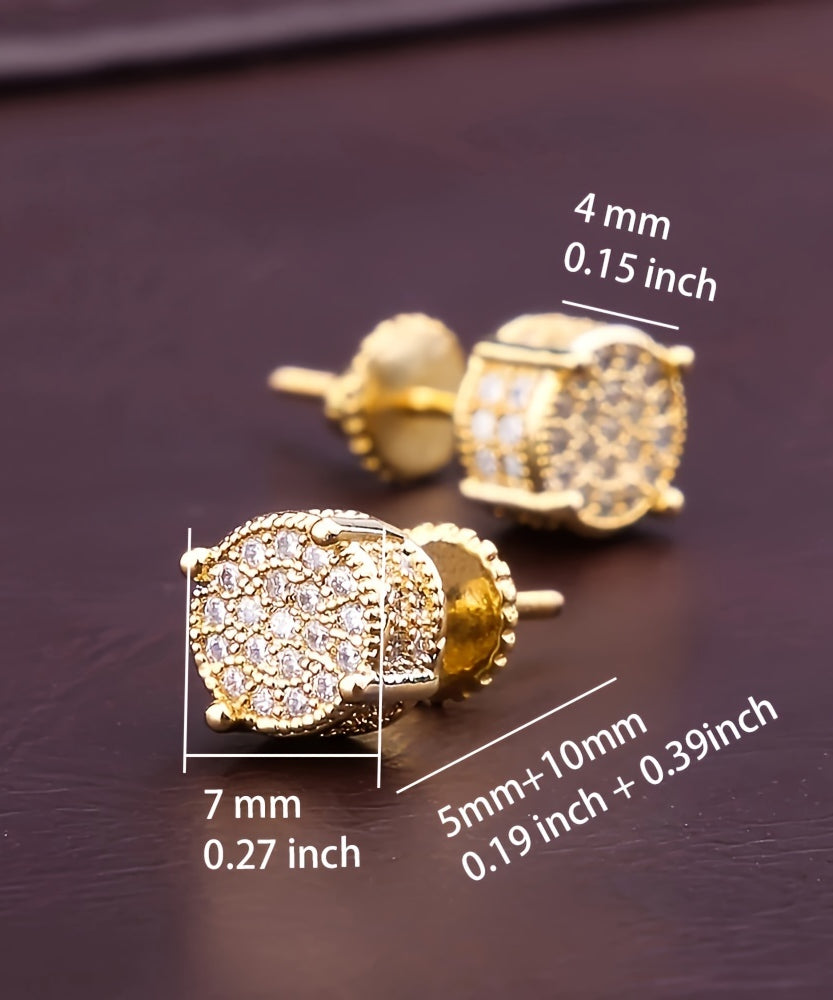 Set of 2 S925 Silvery Hip-Hop Men'S Earrings Featuring Synthetic Zirconia with Micro-Setting And Color Plating in a Round Design.