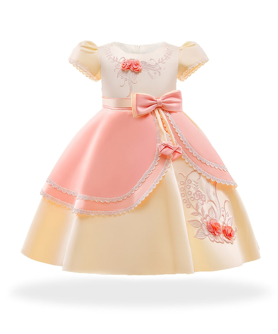 Girls Princess Dress Short Sleeve Embroidered Flower Bow Lace Dress Performance Dress Wedding Flower Girls For Evening Birthday Party Kids Clothes