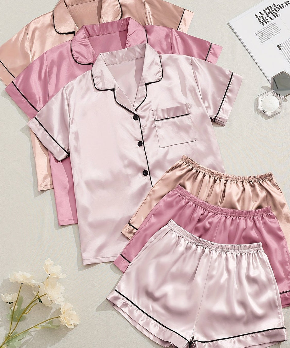 3 Sets Satin Pajama Set, Short Sleeve Lapel Top & Elastic Waistband Shorts, Women's Sleepwear & Loungewear