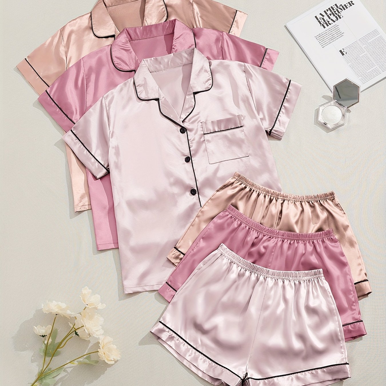 3 Sets Satin Pajama Set, Short Sleeve Lapel Top & Elastic Waistband Shorts, Women's Sleepwear & Loungewear