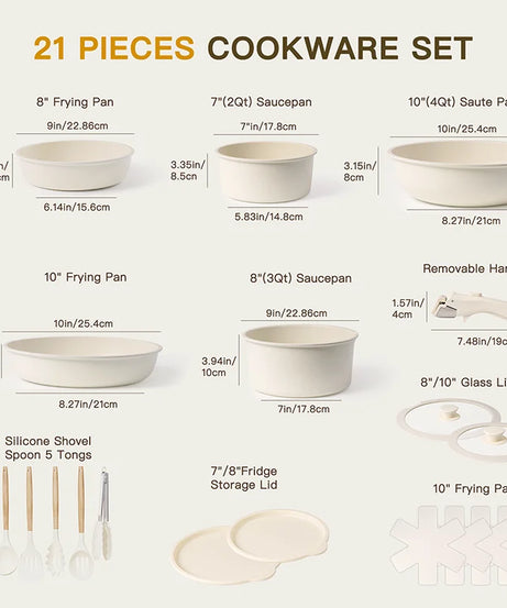 21 Piece Pots and Pans Set Non-Stick, Astercook Ceramic Cookware Set with Sensor Handles, Milky white