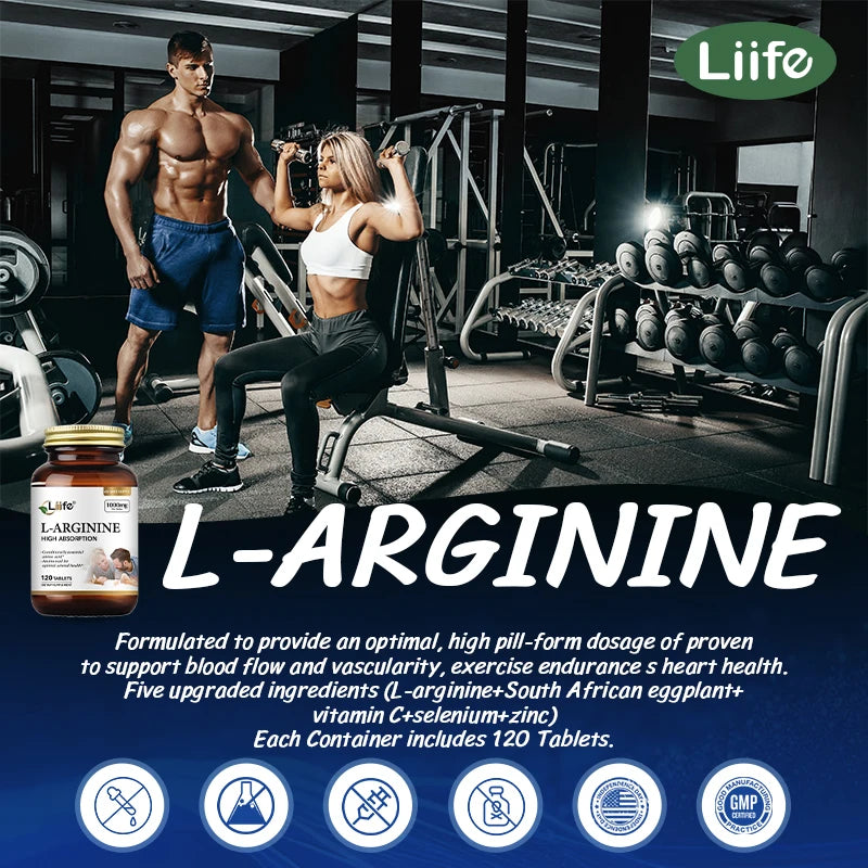 Liife L-Arginine Supplements,1000 Mg 120 Tablets,Nitric Oxide,Amino Acid,Arterial Health,Boosts Energy and Endurance,Made in USA