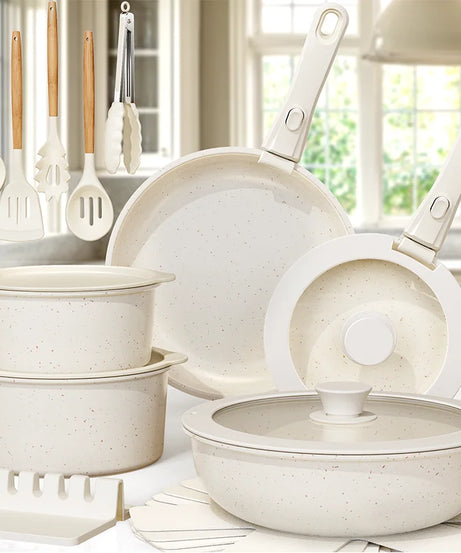 21 Piece Pots and Pans Set Non-Stick, Astercook Ceramic Cookware Set with Sensor Handles, Milky white