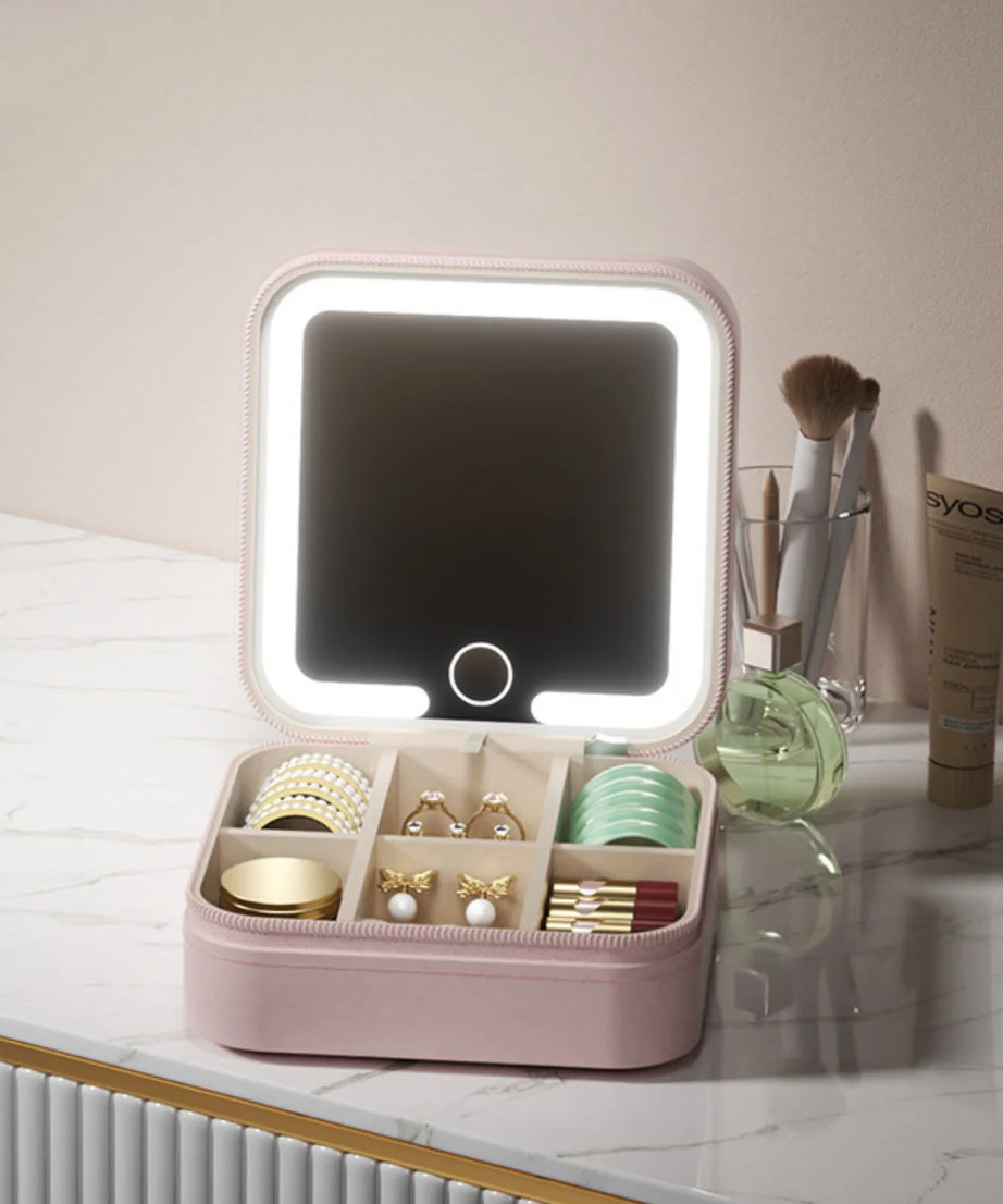 1 Stylish Women's Makeup Bag and Jewelry Box with Detachable Led Lights, Mini Cute Girly Jewelry Box, Suitable for Storing and Organizing Necklaces, Earrings, Rings, Wedding Favors, and a Great Gift for Valentine's Day to Giv