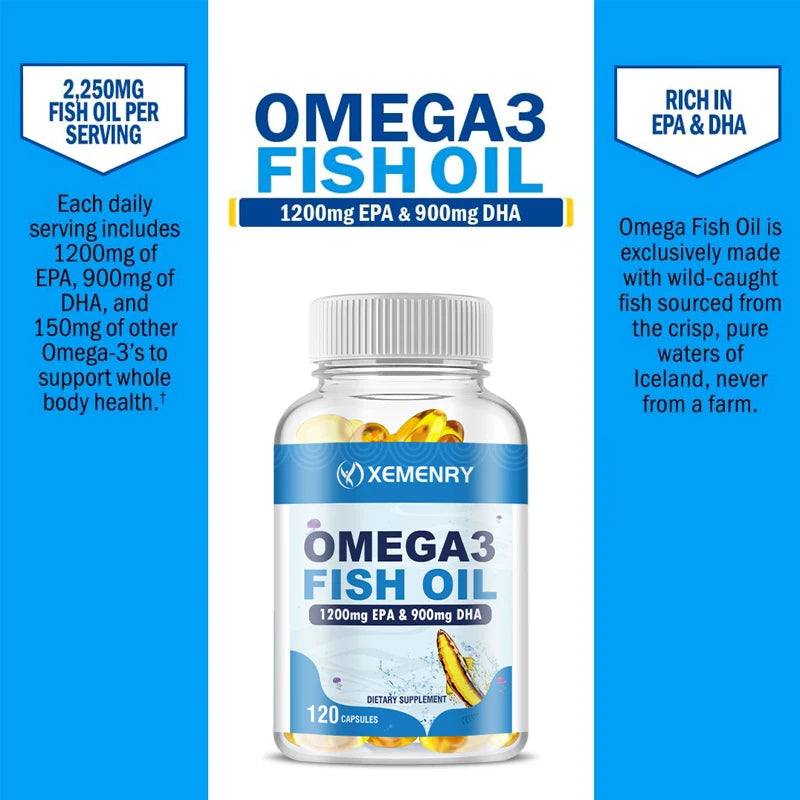 Omega 3 Fish Oil Supplement - DHA, EPA - Joint, Eye, Skin Health, Immune Support - 120 Capsules