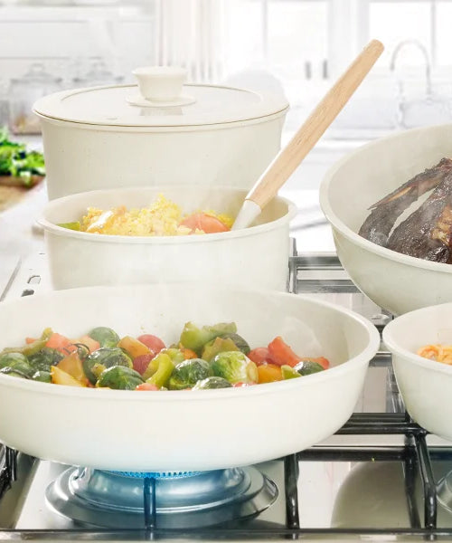 21 Piece Pots and Pans Set Non-Stick, Astercook Ceramic Cookware Set with Sensor Handles, Milky white