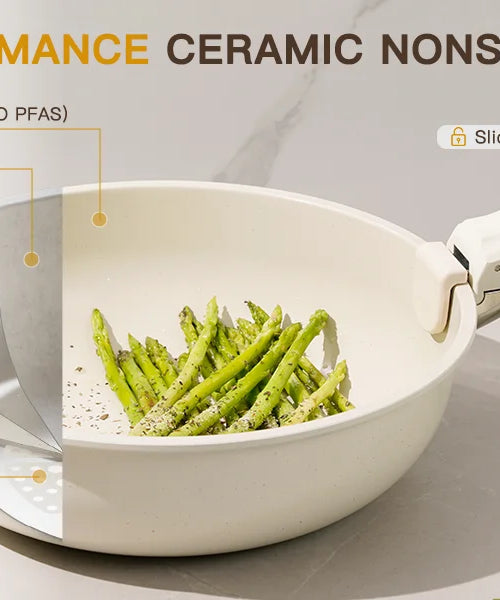 21 Piece Pots and Pans Set Non-Stick, Astercook Ceramic Cookware Set with Sensor Handles, Milky white