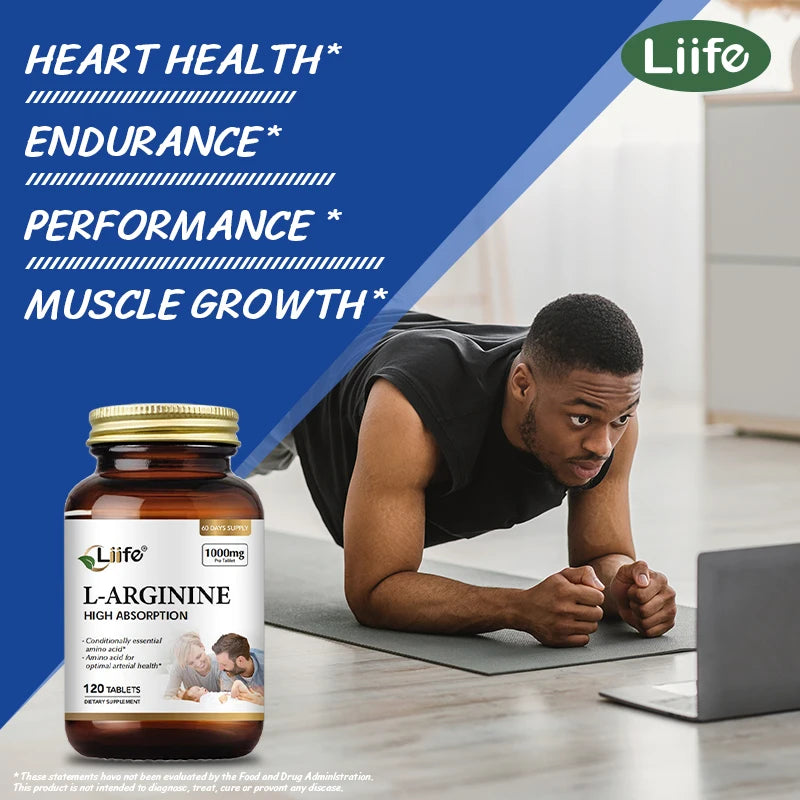 Liife L-Arginine Supplements,1000 Mg 120 Tablets,Nitric Oxide,Amino Acid,Arterial Health,Boosts Energy and Endurance,Made in USA