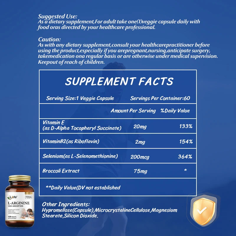 Liife L-Arginine Supplements,1000 Mg 120 Tablets,Nitric Oxide,Amino Acid,Arterial Health,Boosts Energy and Endurance,Made in USA