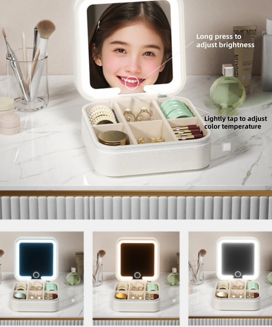 1 Stylish Women's Makeup Bag and Jewelry Box with Detachable Led Lights, Mini Cute Girly Jewelry Box, Suitable for Storing and Organizing Necklaces, Earrings, Rings, Wedding Favors, and a Great Gift for Valentine's Day to Giv