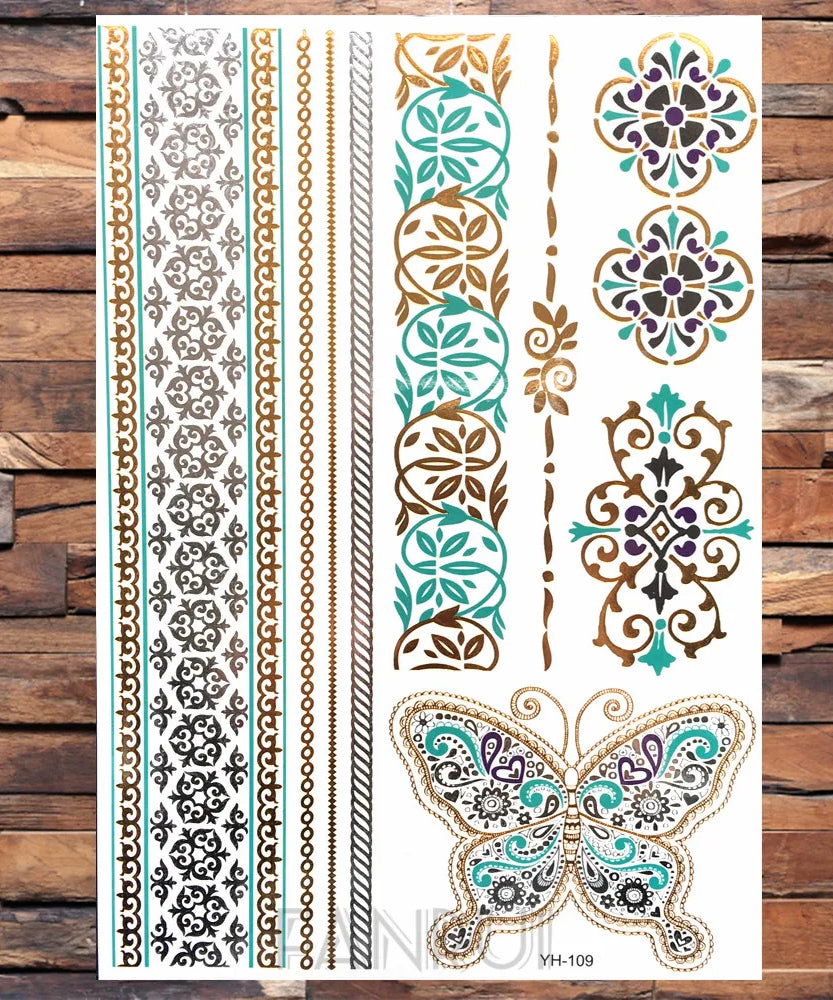 Sexy Sun Moon Star Temporary Tattoo Women Party Body Arm Art Fake Flash Tatoos Gold Metallic Tattoo Stickers Girl Bracelet Wrist