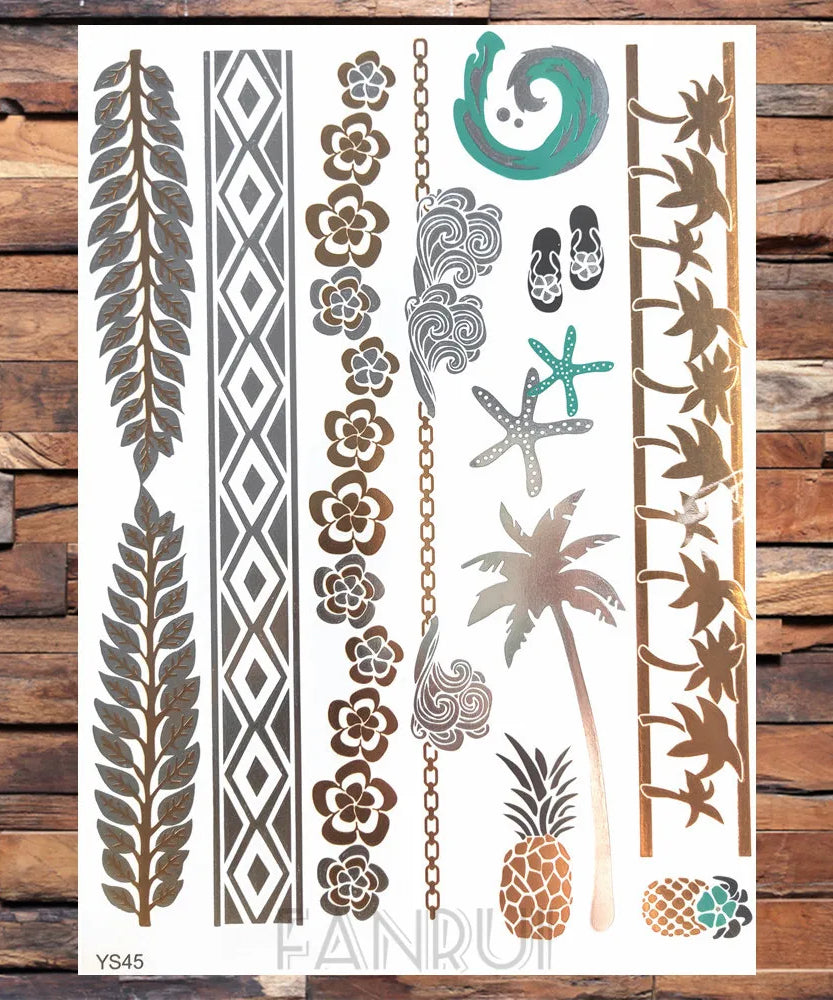 Sexy Sun Moon Star Temporary Tattoo Women Party Body Arm Art Fake Flash Tatoos Gold Metallic Tattoo Stickers Girl Bracelet Wrist