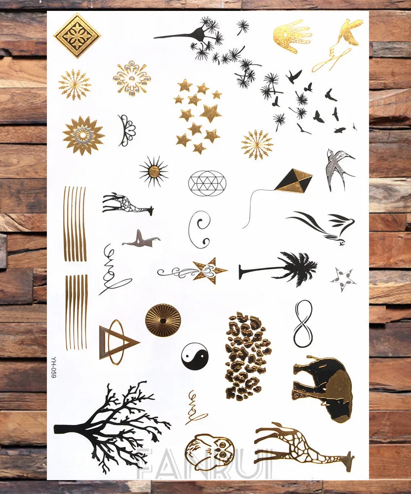 Sexy Sun Moon Star Temporary Tattoo Women Party Body Arm Art Fake Flash Tatoos Gold Metallic Tattoo Stickers Girl Bracelet Wrist