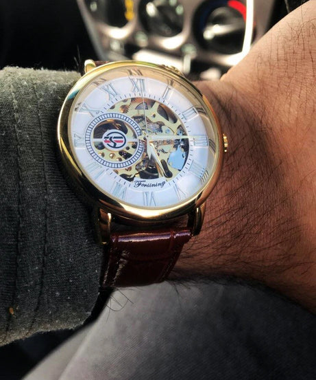 Forsining 3d Logo Design Hollow Engraving Black Golden Case Leather Skeleton Mechanical Watches Men Luxury Brand Heren Horloge