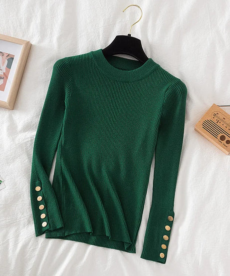 2025 women thick sweater pullovers khaki casual autumn winter button o-neck chic sweater female slim knit top soft jumper tops