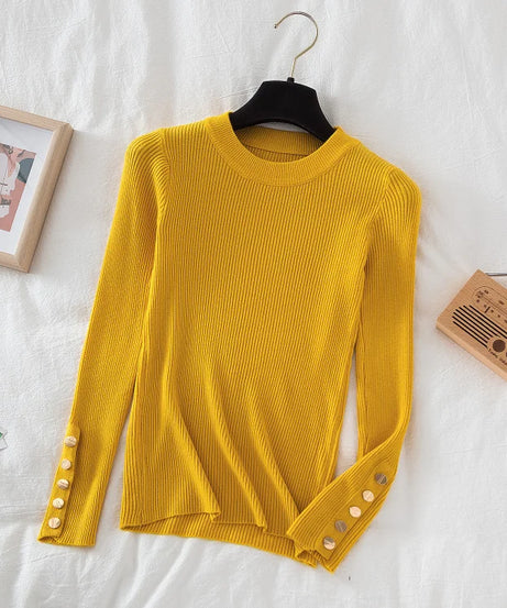 2025 women thick sweater pullovers khaki casual autumn winter button o-neck chic sweater female slim knit top soft jumper tops