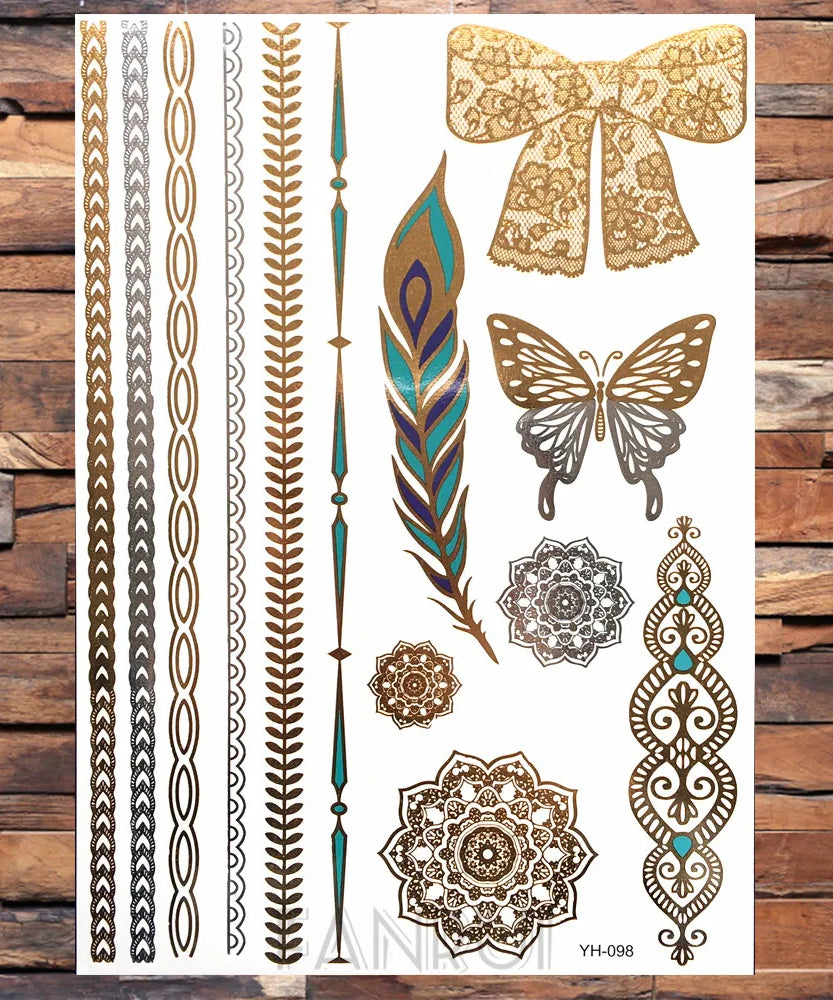 Sexy Sun Moon Star Temporary Tattoo Women Party Body Arm Art Fake Flash Tatoos Gold Metallic Tattoo Stickers Girl Bracelet Wrist