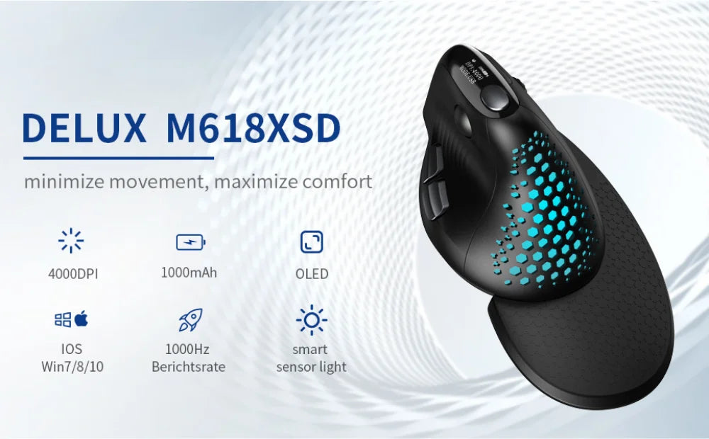 Delux Seeker M618XSD Ergonomic Vertical Mouse OLED Screen USB Wireless+BT 5.0  Rechargeable 1000hz Berichtsrate For PC Laptop