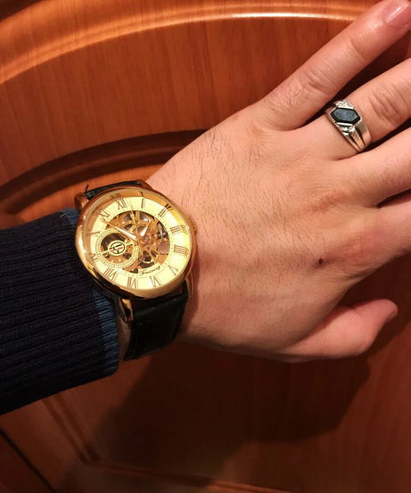 Forsining 3d Logo Design Hollow Engraving Black Golden Case Leather Skeleton Mechanical Watches Men Luxury Brand Heren Horloge