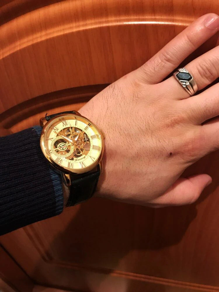 Forsining 3d Logo Design Hollow Engraving Black Golden Case Leather Skeleton Mechanical Watches Men Luxury Brand Heren Horloge