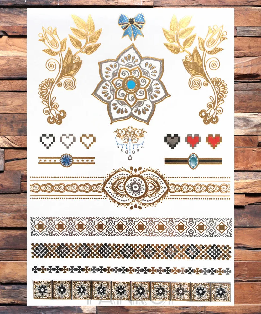 Sexy Sun Moon Star Temporary Tattoo Women Party Body Arm Art Fake Flash Tatoos Gold Metallic Tattoo Stickers Girl Bracelet Wrist