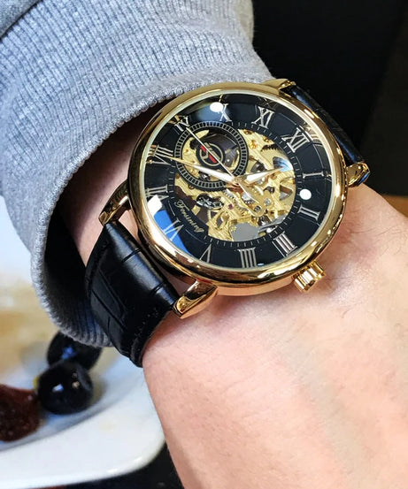 Forsining 3d Logo Design Hollow Engraving Black Golden Case Leather Skeleton Mechanical Watches Men Luxury Brand Heren Horloge