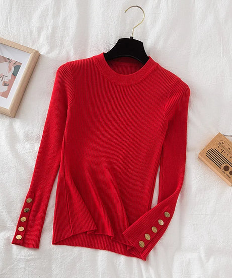 2025 women thick sweater pullovers khaki casual autumn winter button o-neck chic sweater female slim knit top soft jumper tops