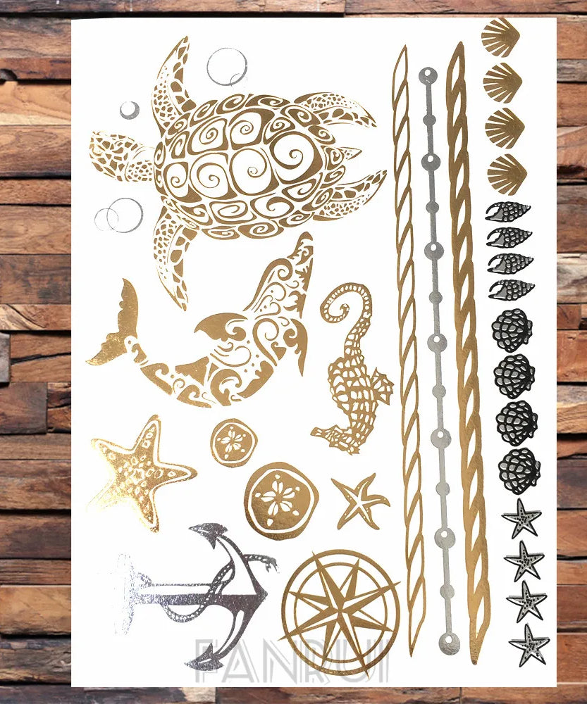 Sexy Sun Moon Star Temporary Tattoo Women Party Body Arm Art Fake Flash Tatoos Gold Metallic Tattoo Stickers Girl Bracelet Wrist