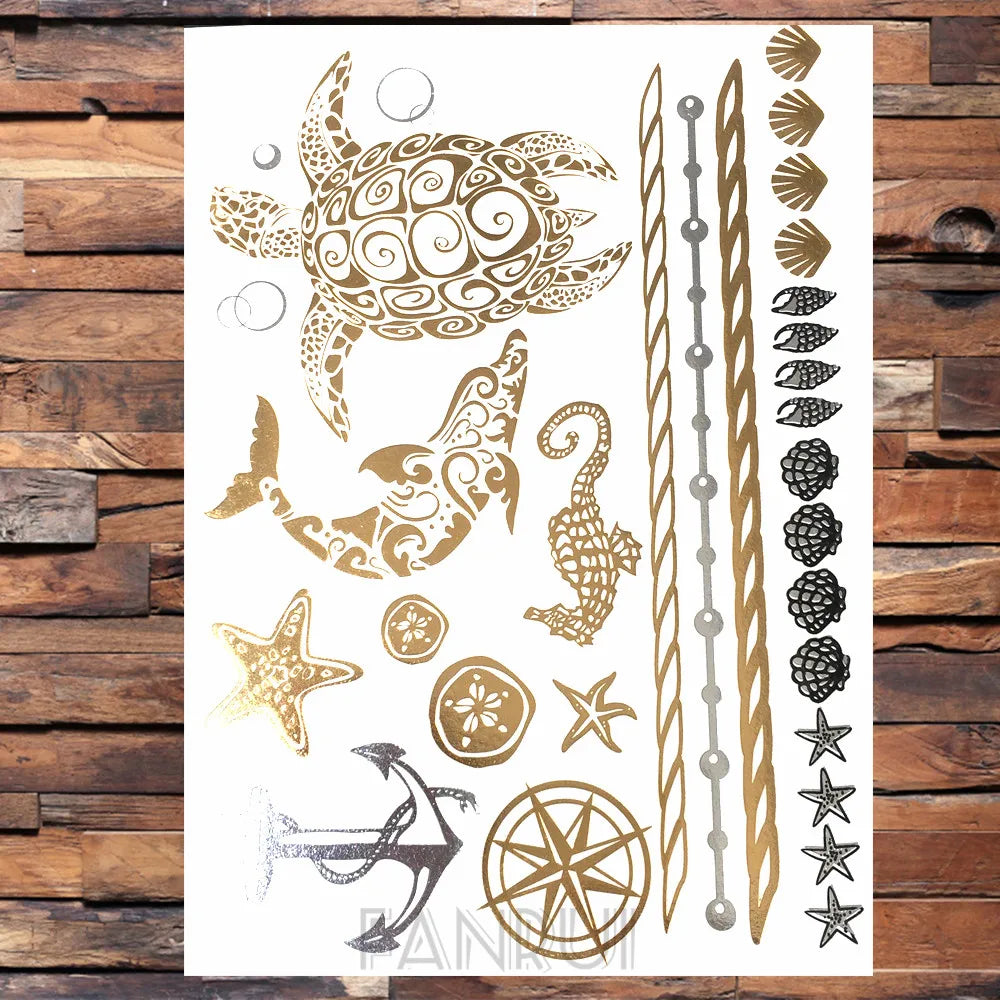 Sexy Sun Moon Star Temporary Tattoo Women Party Body Arm Art Fake Flash Tatoos Gold Metallic Tattoo Stickers Girl Bracelet Wrist