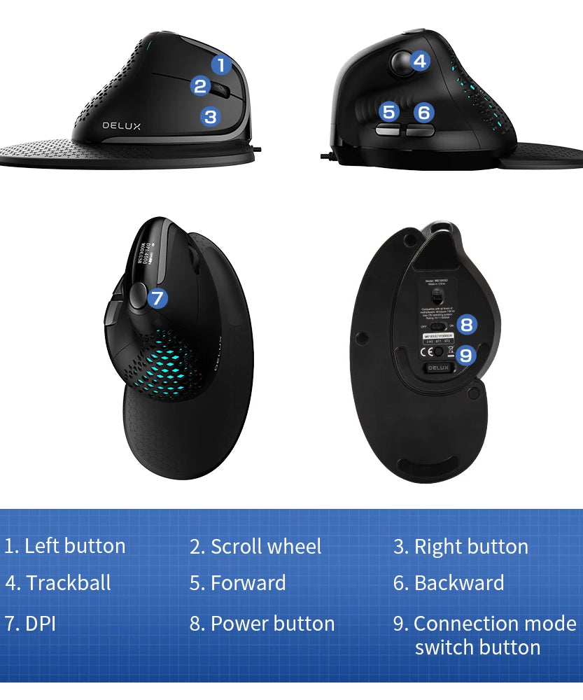 Delux Seeker M618XSD Ergonomic Vertical Mouse OLED Screen USB Wireless+BT 5.0  Rechargeable 1000hz Berichtsrate For PC Laptop