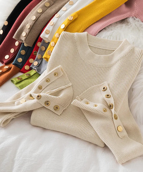 2025 women thick sweater pullovers khaki casual autumn winter button o-neck chic sweater female slim knit top soft jumper tops
