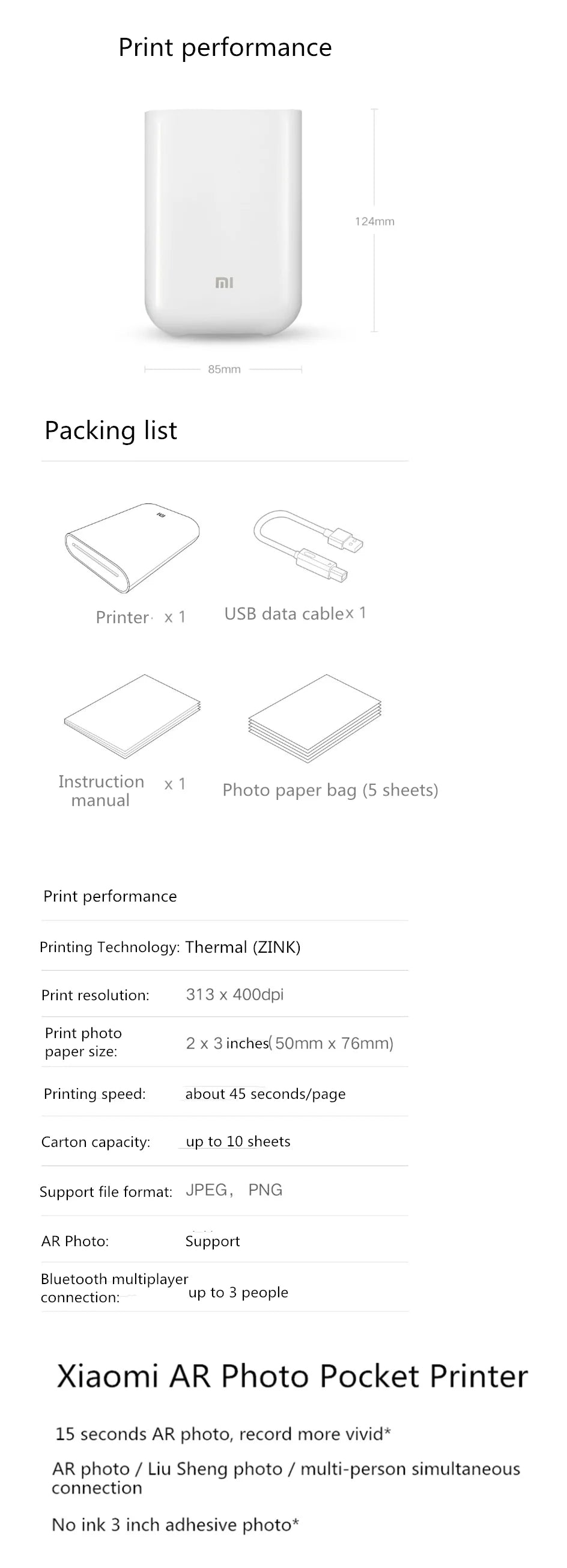 Xiaomi AR Printer 300dpi Portable Photo Mini Pocket With DIY Share 500mAh Picture Printer Pocket Printer Work With Mihome APP