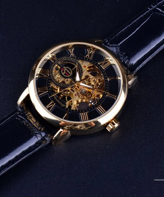 Forsining 3d Logo Design Hollow Engraving Black Golden Case Leather Skeleton Mechanical Watches Men Luxury Brand Heren Horloge