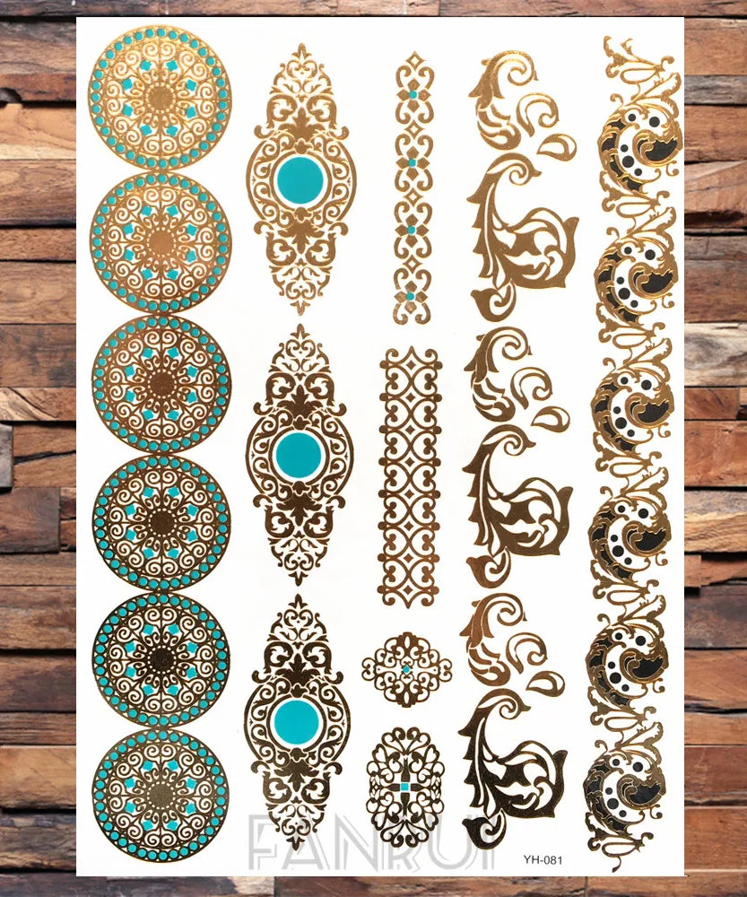 Sexy Sun Moon Star Temporary Tattoo Women Party Body Arm Art Fake Flash Tatoos Gold Metallic Tattoo Stickers Girl Bracelet Wrist